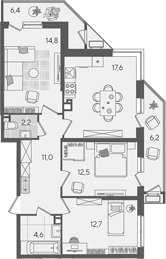 4+ комнаты, 75.4 м², 6/24 этаж, ЖК «Рекорд»