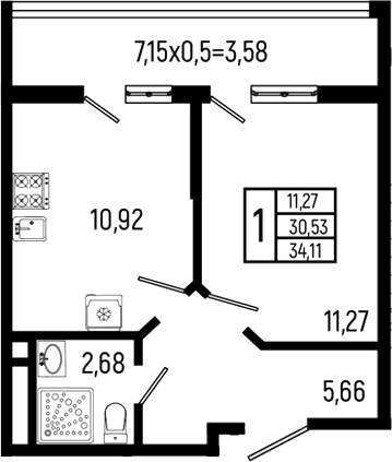 1-комн., 30.53 м², 4/18 этаж, ЖК «Ботаника Хиллс»