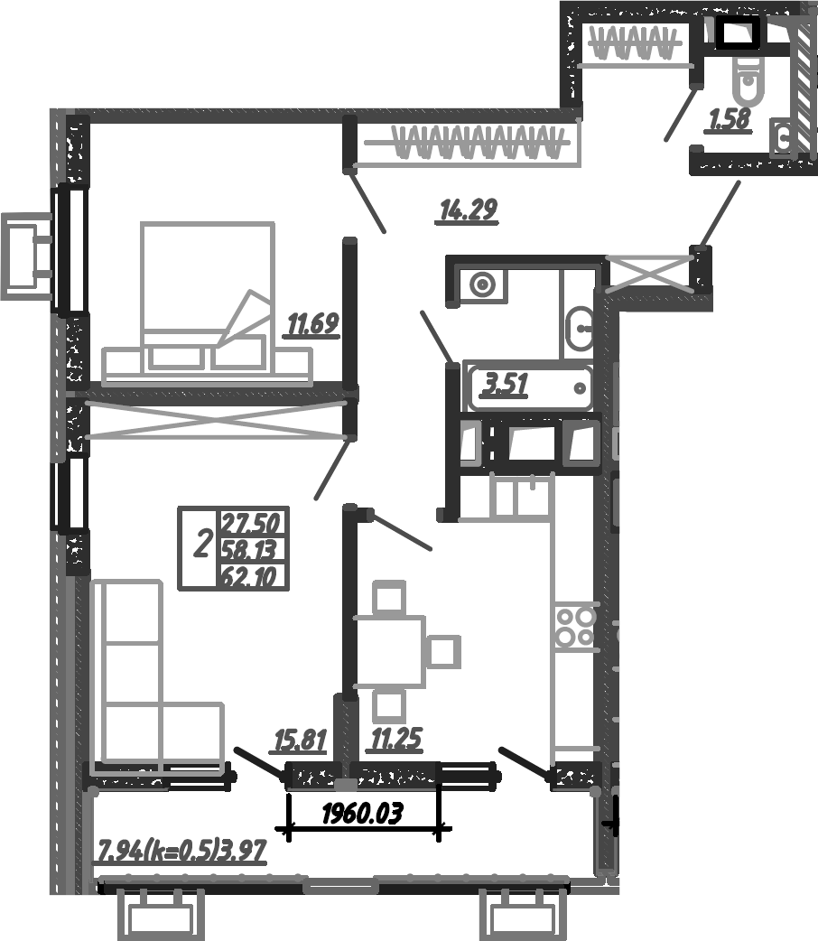 2-комн., 60.4 м², 20/24 этаж, ЖК «Родные Просторы»