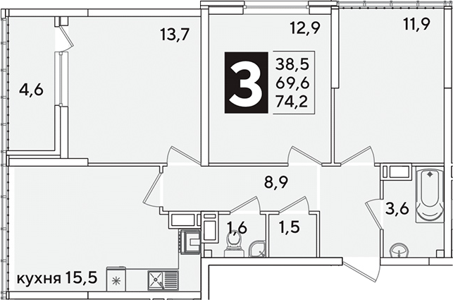 4+ комнаты, 69.6 м², 16/16 этаж, ЖК «Самолет»