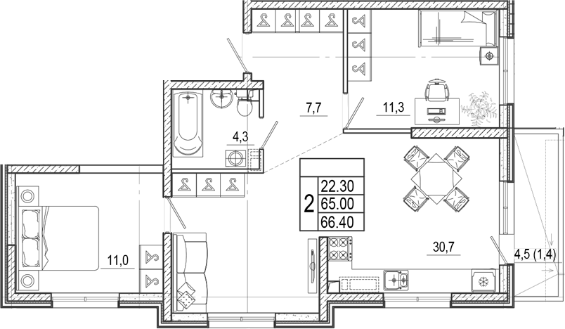 3-комн., 65 м², 1/17 этаж, ЖК «Лестория»