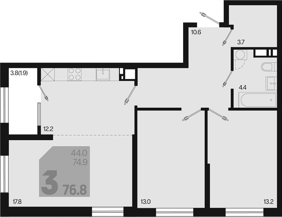 3-комн., 74.9 м², 12/18 этаж, ЖК «Первое место»