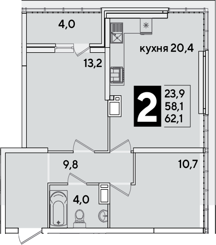3-комн., 58.1 м², 16/16 этаж, ЖК «Самолет»