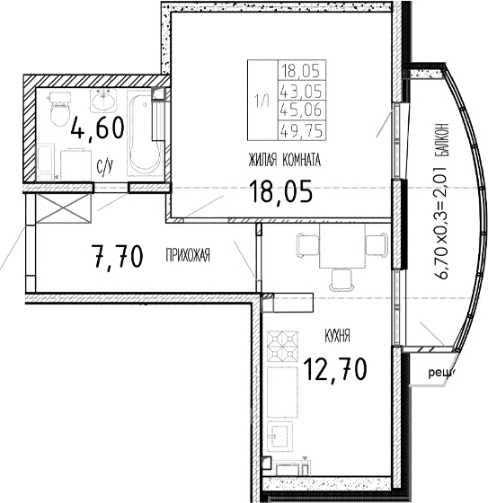 1-комн., 43.05 м², 5/17 этаж, ЖК «Мост»