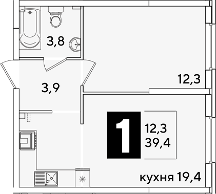 2-комн., 39.4 м², 1/16 этаж, ЖК «Самолет»