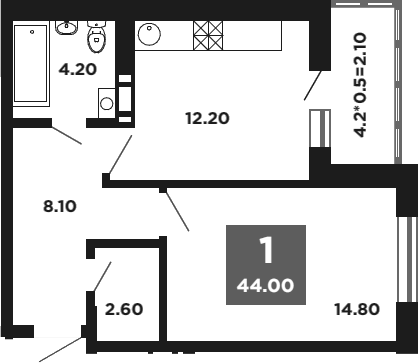 1-комн., 41.9 м², 14/16 этаж, ЖК «НЕО-квартал Красная площадь»