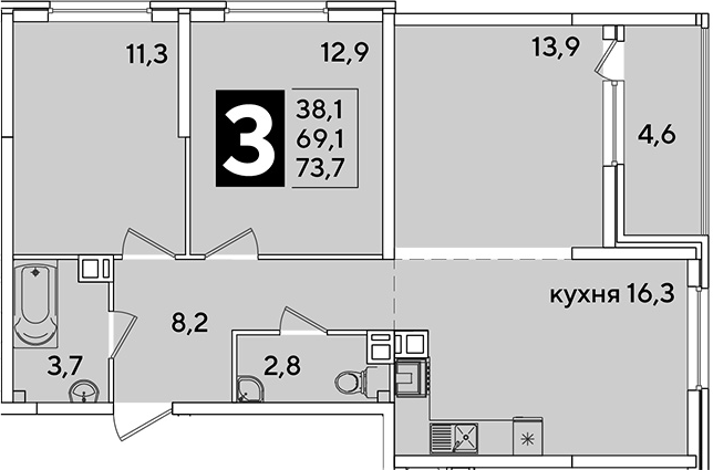 4+ комнаты, 69.1 м², 4/16 этаж, ЖК «Самолет»
