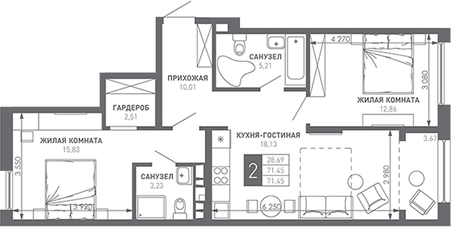 2-комн., 73 м², 5/9 этаж, ЖК «Иначе в Молодежном»