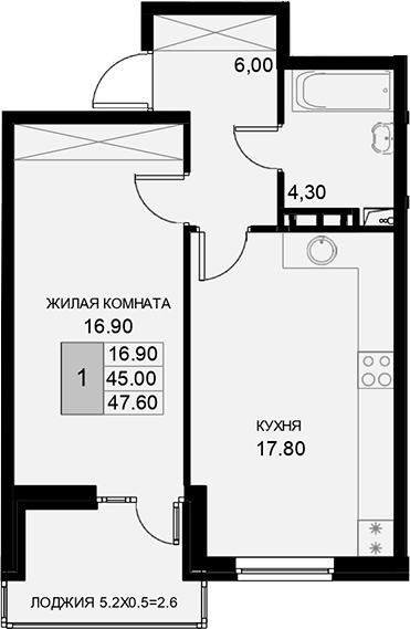 1-комн., 45 м², 7/7 этаж, ЖК «История»