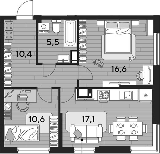 2-комн., 60.2 м², 12/16 этаж, ЖК «DОГМА ПАРК»