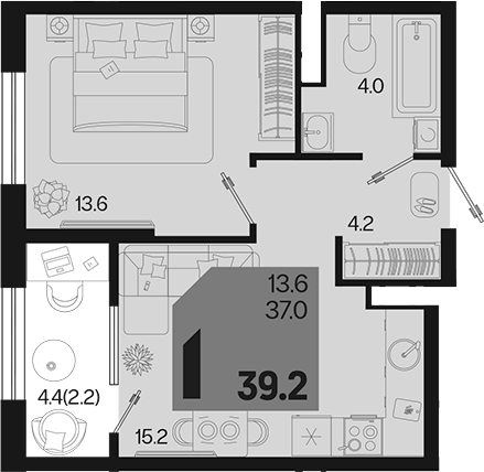 1-комн., 37 м², 18/18 этаж, ЖК «Первое место»