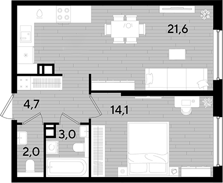 1-комн., 45.4 м², 5/16 этаж, ЖК «DОГМА ПАРК»