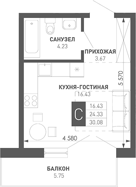 Студия, 24.33 м², 9/9 этаж, ЖК «Иначе в Молодежном»