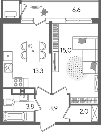 1-комн., 38 м², 23/24 этаж, ЖК «Рекорд»
