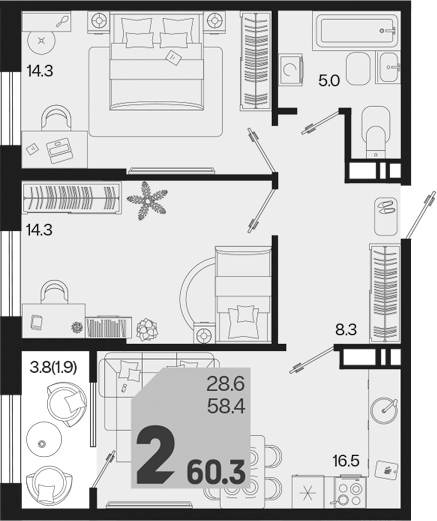 2-комн., 58.4 м², 8/18 этаж, ЖК «Первое место»