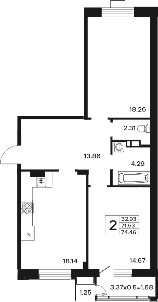 Продается 2-комн. квартира, 71.53 м²