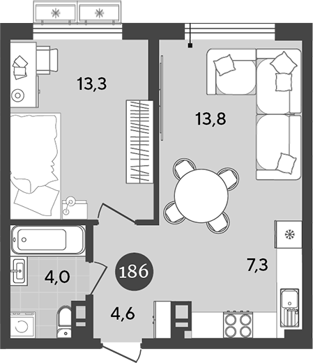 2-комн., 43 м², 6/9 этаж, ЖК «Порто-Ново»