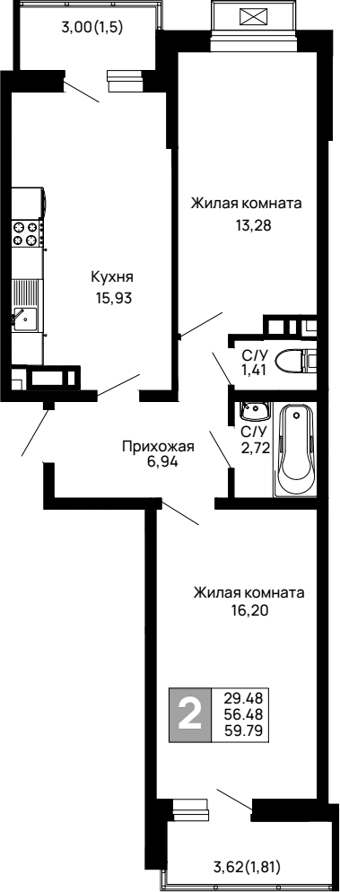 2-комн., 56.48 м², 6/16 этаж, ЖК «Долина»