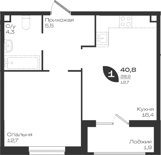 1-комн., 38.9 м², 2/9 этаж, ЖК «Ботаника»