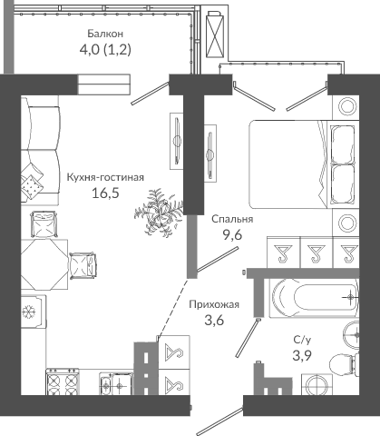 2-комн., 33.6 м², 12/12 этаж, ЖК «Флора»