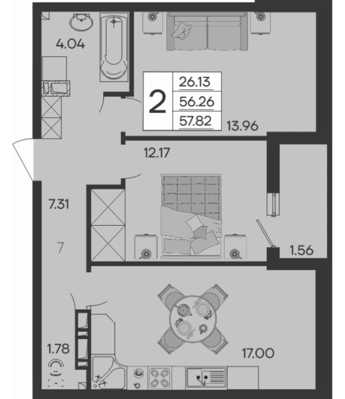 2-комн., 56.26 м², 9/9 этаж, ЖК «Дом 101»