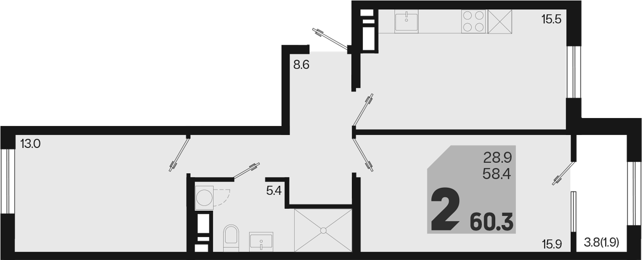 3-комн., 58.4 м², 3/9 этаж, ЖК «Первое место»