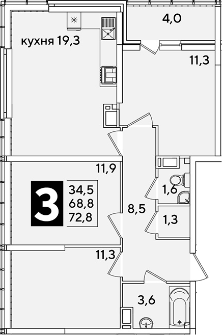 4+ комнаты, 68.8 м², 15/16 этаж, ЖК «Самолет»