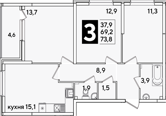 Продается 3-комн. квартира, 68.6 м²