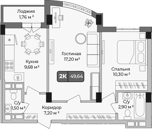 2-комн., 48.76 м², 1/9 этаж, ЖК «Опера»