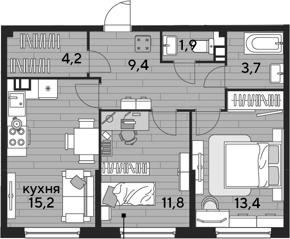 2-комн., 59.6 м², 5/16 этаж, ЖК «DОГМА ПАРК»