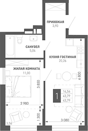 1-комн., 46.1 м², 8/18 этаж, ЖК «Иначе в Молодежном»