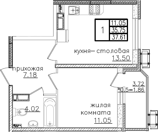 1-комн., 35.75 м², 18/23 этаж, ЖК «Урал»