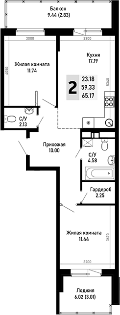 2-комн., 59.33 м², 4/4 этаж, ЖК «Усадьба Гостагаевская»