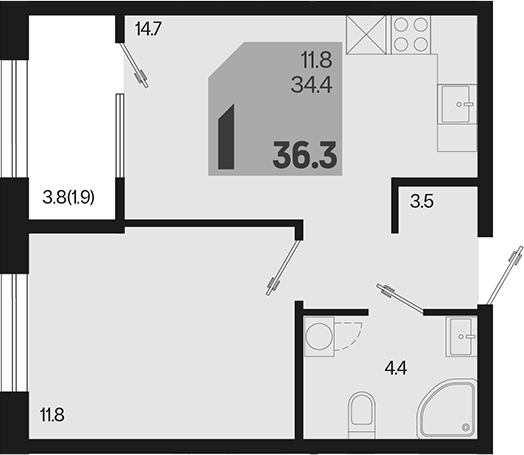 1-комн., 34.4 м², 2/9 этаж, ЖК «Первое место»