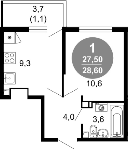 1-комн., 27.5 м², 15/17 этаж, ЖК «Лестория»