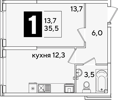 1-комн., 35.5 м², 2/16 этаж, ЖК «Самолет»