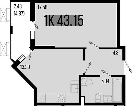 1-комн., 40.72 м², 1/8 этаж, ЖК «Цветной бульвар»