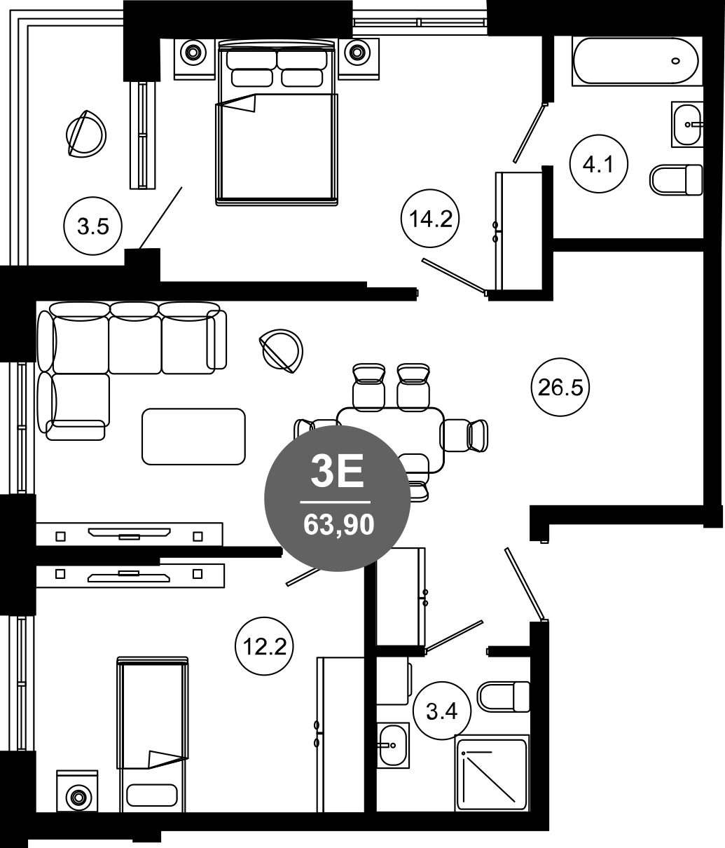 3-комн., 60.4 м², 5/10 этаж, ЖК «Гостиничный комплекс GREENMONT»