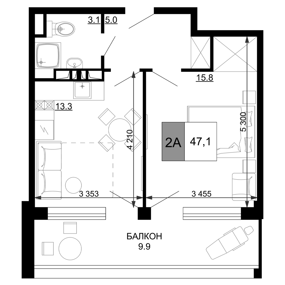 2-комн., 37.2 м², 6/9 этаж, ЖК «Гостиничный комплекс Мореград»