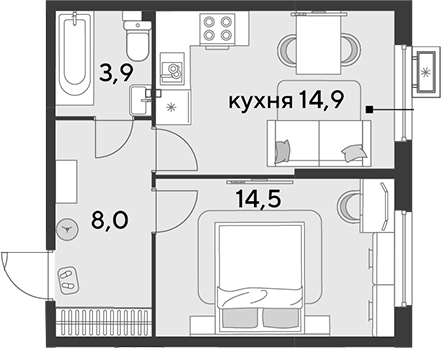 1-комн., 41.3 м², 2/9 этаж, ЖК «Парк Победы»