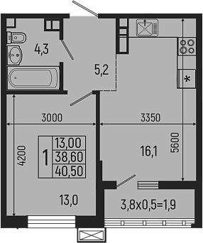 2-комн., 38.6 м², 5/5 этаж, ЖК «Звезды»