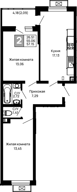 2-комн., 55.06 м², 2/14 этаж, ЖК «Долина»