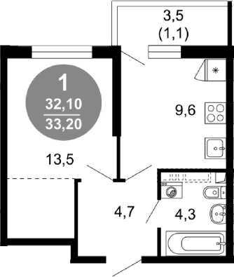 1-комн., 32.1 м², 1/17 этаж, ЖК «Лестория»