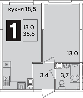 2-комн., 38.6 м², 3/16 этаж, ЖК «Самолет»