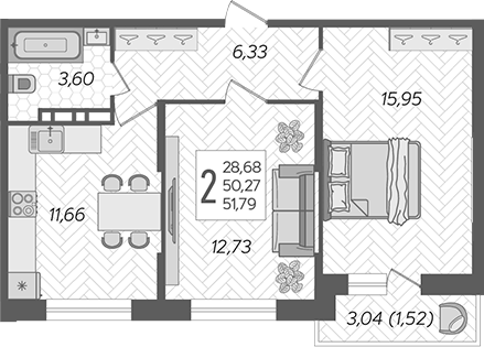 2-комн., 50.27 м², 12/12 этаж, ЖК «Смородина»