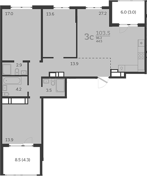 4+ комнаты, 96.2 м², 24/24 этаж, ЖК «Все Свои VIP»