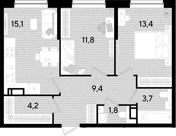 2-комн., 59.4 м², 10/16 этаж, ЖК «DОГМА ПАРК»
