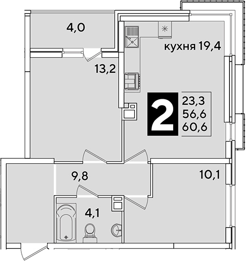 3-комн., 56.6 м², 9/16 этаж, ЖК «Самолет»