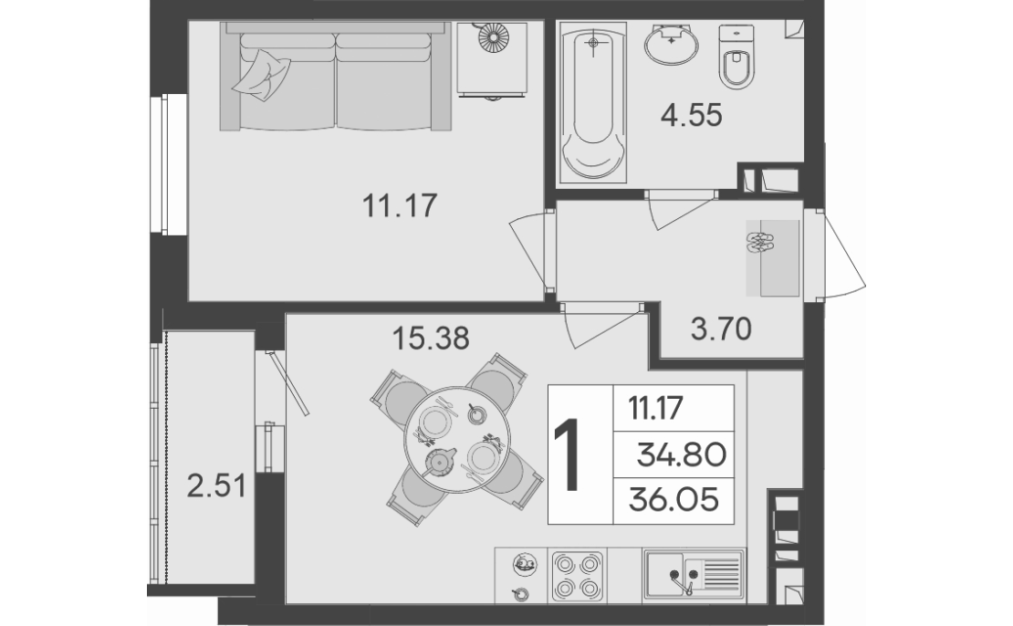 1-комн., 34.8 м², 9/9 этаж, ЖК «Дом 101»