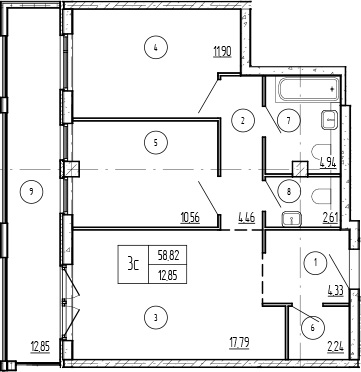 2-комн., 58.82 м², 6/9 этаж, ЖК «Лучи»